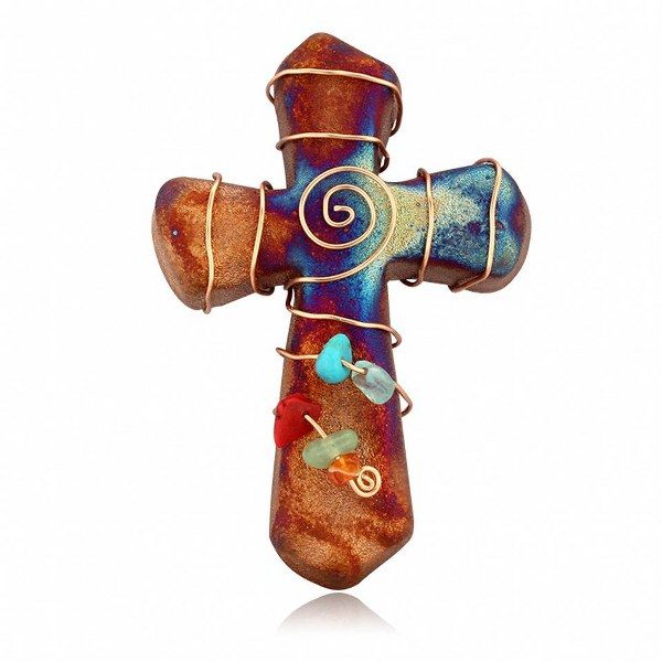 Raku Cross B Mini - Gem Stones w/ Spiral 2.5in