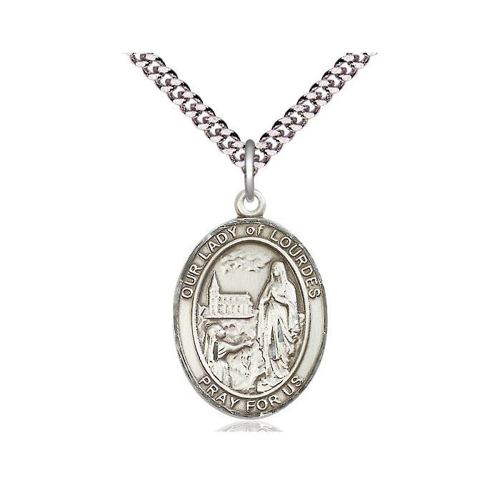 Our Lady of Lourdes Oval Sterling Silver Medal w/24" Rhodium Chain w/Clasp 7288SS/24S C54LC