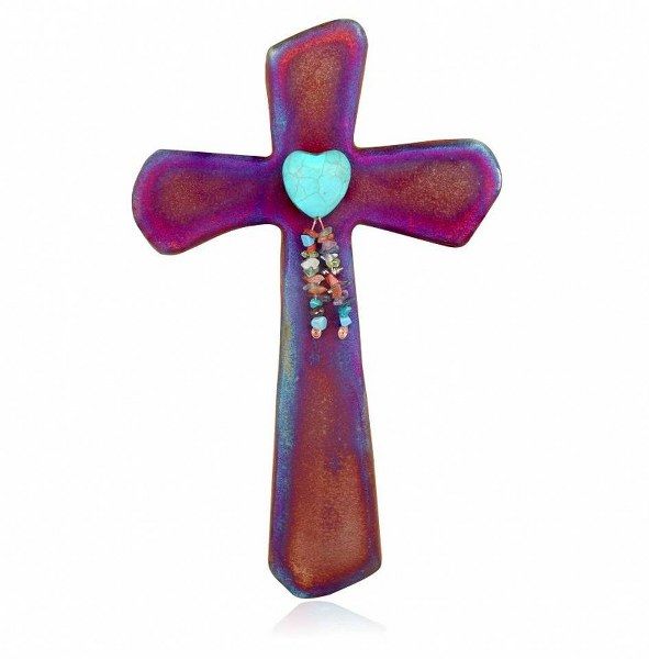 Raku Cross F Med - Heart w/ Dangles
