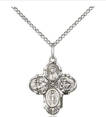        4-Way Medal Sterling Silver w/18" Rhodium Chain w/Clasp 5449SS/18SS C50LC