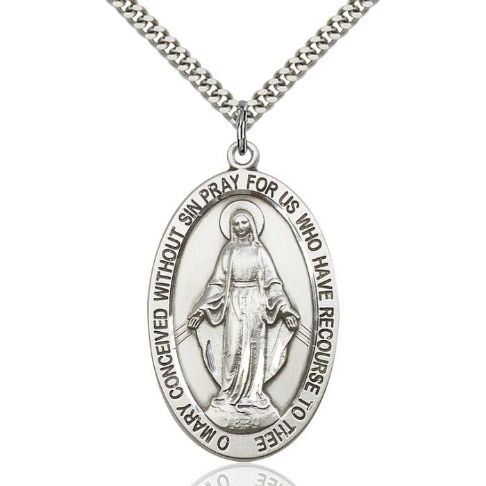        Miraculous Oval Sterling Silver Medal w/24" Rhodium Chain Lobster Claw5852SS/24S C54-LC