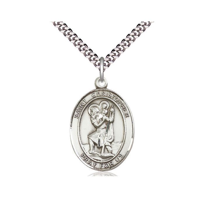 St. Christopher Oval Sterling Silver Medal w/24" Rhodium Chain 7022SS/24S-LC CH54-LC