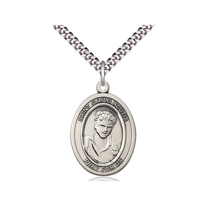 St Carlo Acutis Sterling Silver Medal w/ 24" Rhodium Chain w/Clasp - 7460SS/24S C54LC