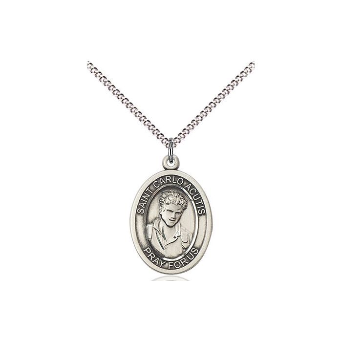 St. Carlo Acutis Sterling Silver Medal w/18" Rhodium Chain w/Clasp 8460SS/18S C50LC