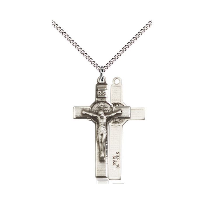       St. Benedict Crucifix Sterling Silver w/ 18" Rhodium Chain w/Clasp- 0625SS/18S  C50LC