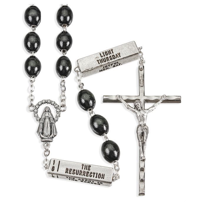 Oval Black Wood Rosary with Mysteries Pater Beads 057BK
