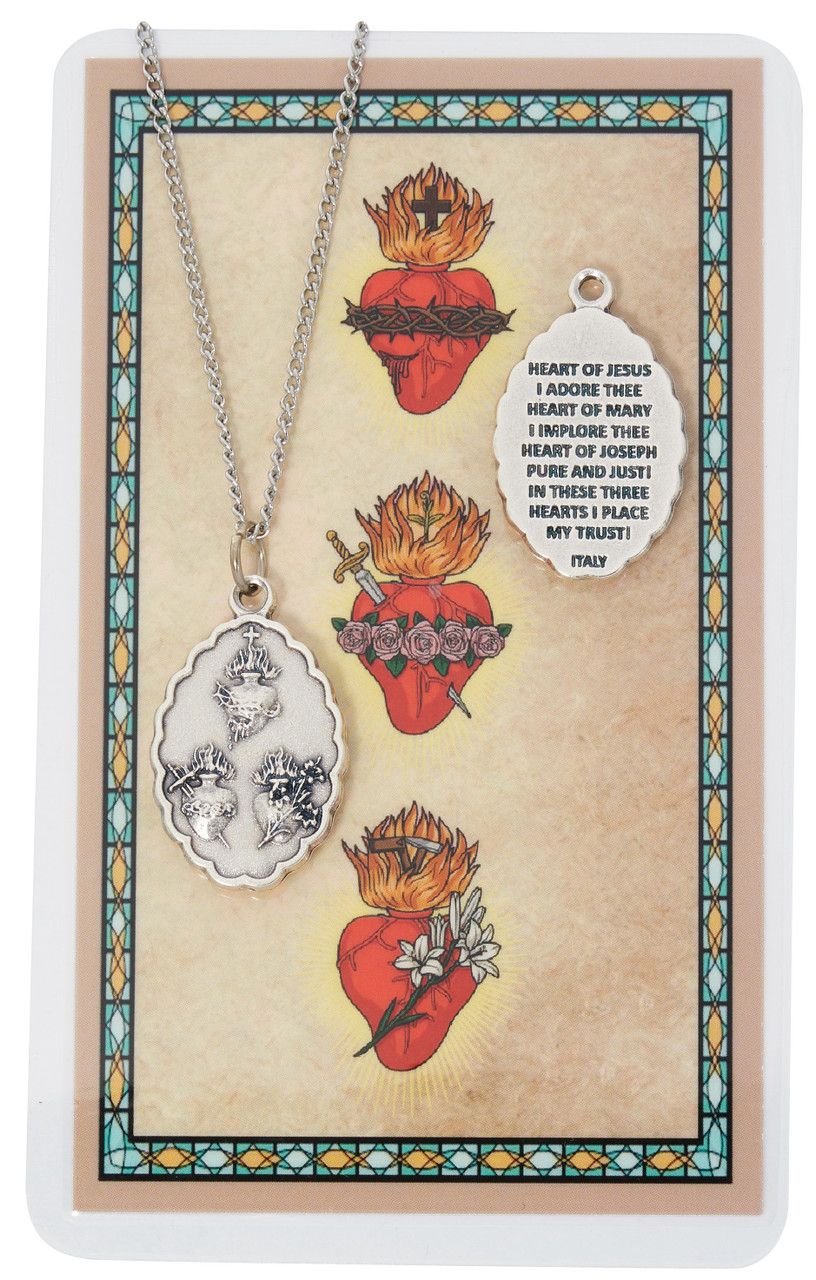        Heart Of Jesus, Mary and Joseph Medal w/ Prayer Card Set - 18" Chain - PSD664