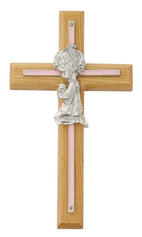 7" Oak Aluminum and Pink Pewter with Girl Praying Cross 73-05