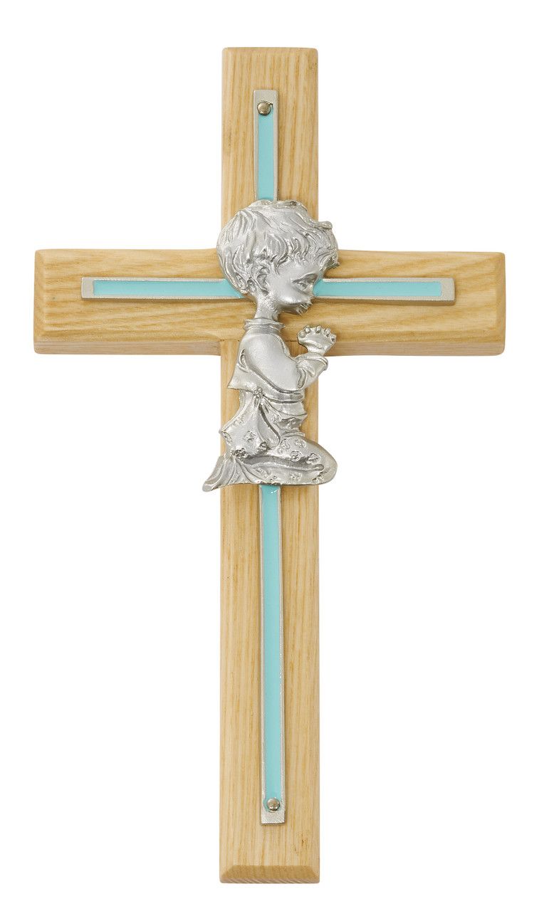 7" Oak Aluminum and Blue Pewter with Boy Praying Cross 73-06