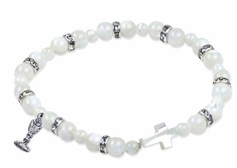 7-1/2" Mother of Pearl and CZ Stone Beads First Communion Stretch Bracelet with Chalice Charm  - SR4028
