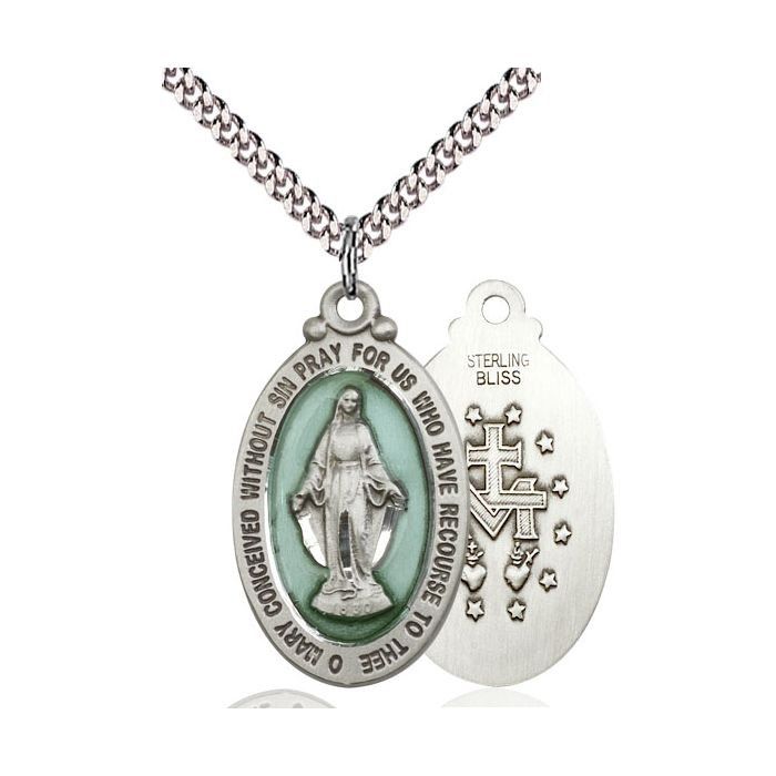 Blue Enameled Miraculous Medal Sterling Silver Oval 24" 4145EMSS/24 C54
