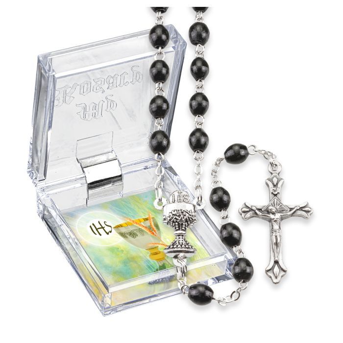       First Communion Rosary 4mm Oval Wood Bead Chalice Center 17" 266-085BKBX