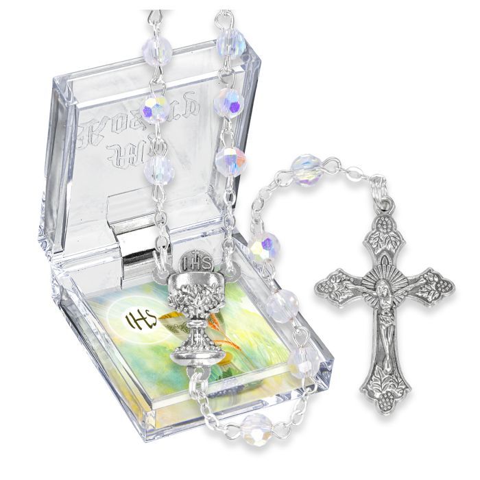        First Communion Rosary 5mm Chrystal Aurora Borealis Bead 16" 266-01332CRBX