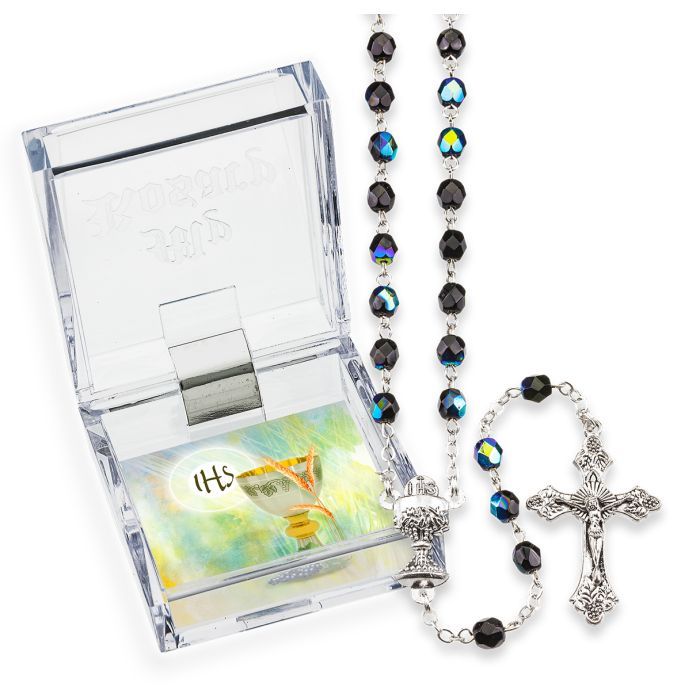 First Communion Rosary 5mm Jet Aurora Borealis Crystal/w Chalice Center 266-01332BKBX