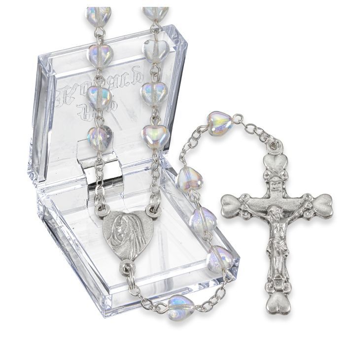 First Communion Rosary Chrystal Heart Shaped 18.25" 266-139CRBX