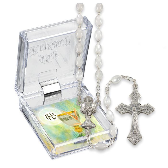 First Communion Rosary 5mm Imitation Oval White Pearl Bead/w Chalice Center 266-01336BX