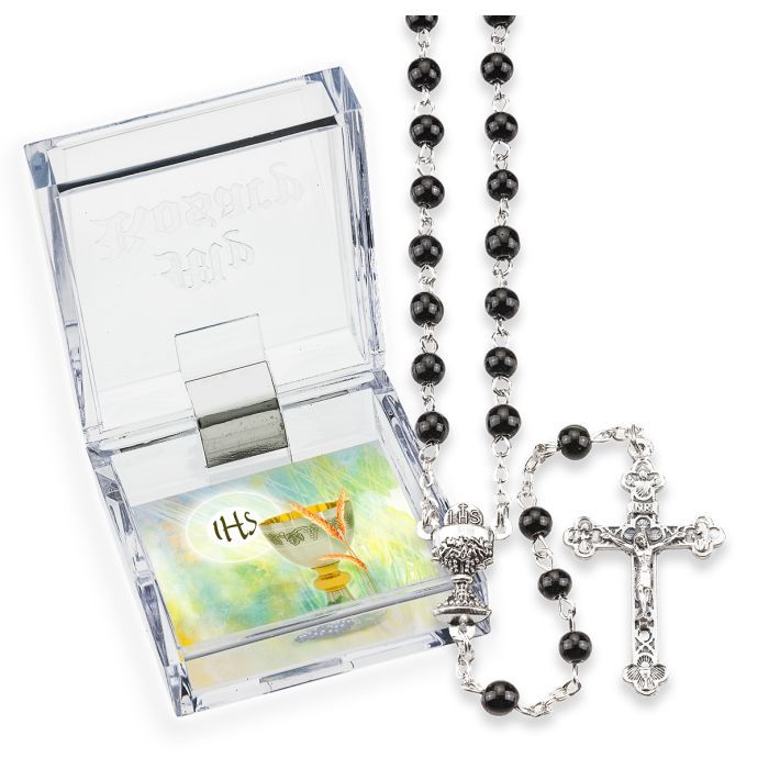 First Communion Rosary Black Glass Bead/w Chalice Center 266-01335BKBX