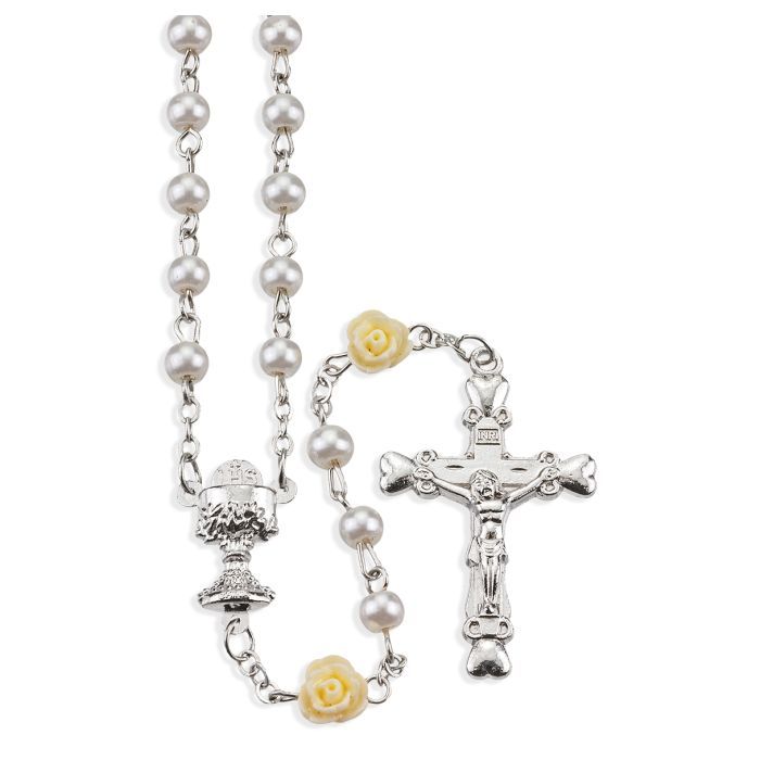 First Communion Rosary 5mm White Pearl/w Off White Our Father/w Chalice Center 266-1199WTBX