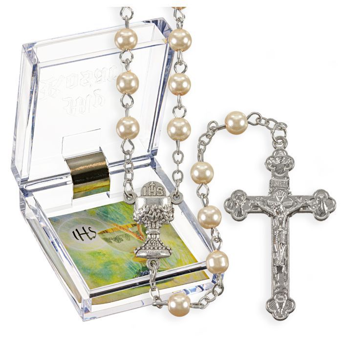 First Communion Rosary 5mm Imitation White Pearl Bead/w Chalice Center 266-01330SBX