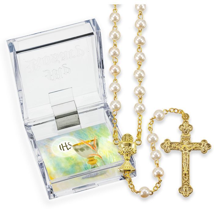 First Communion Rosary 5mm Imitation White Pearl Bead Gold Plate/w Chalice Center 66-01330GBX