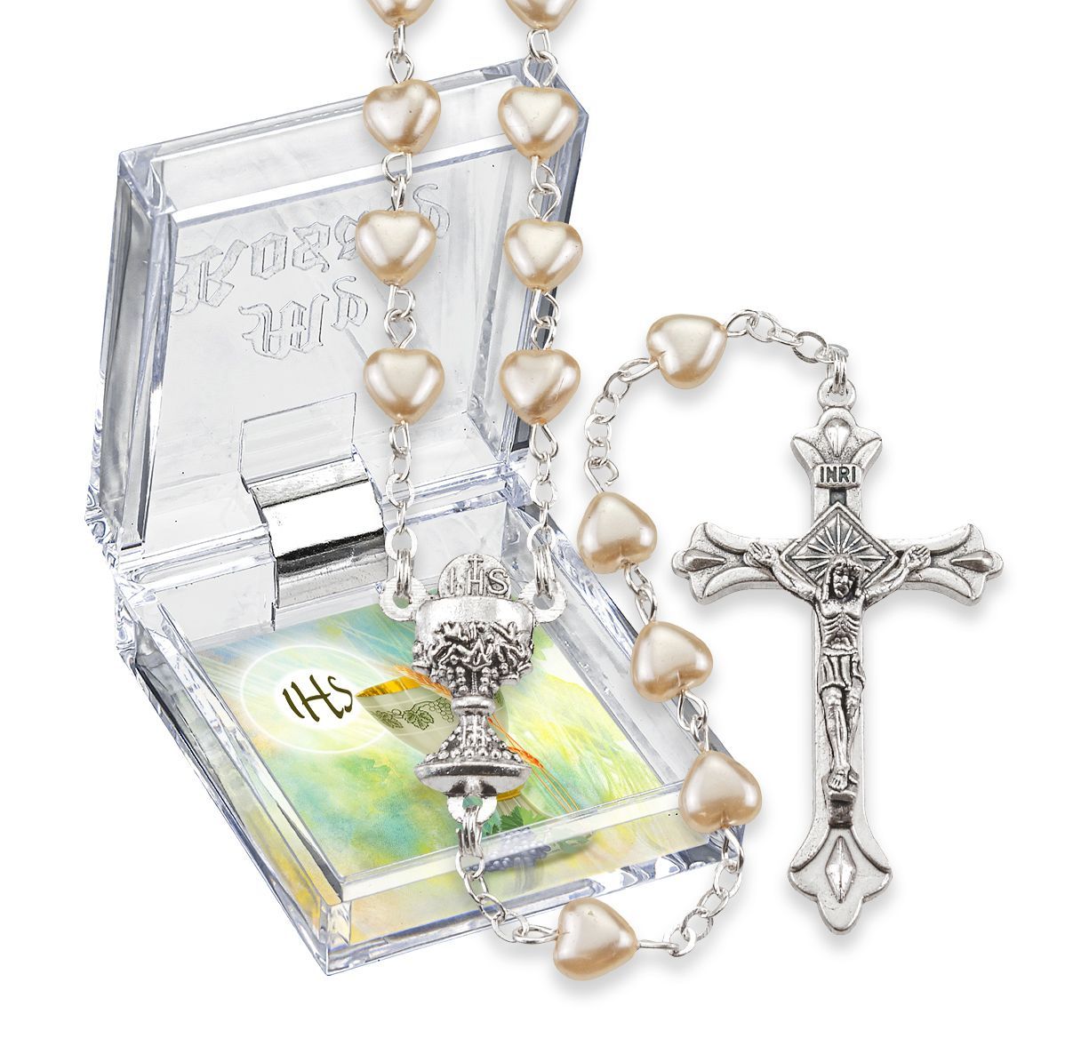 First Communion Rosary 5mm Cream Pearlized Heart Shaped Glass Bead 266-142BX