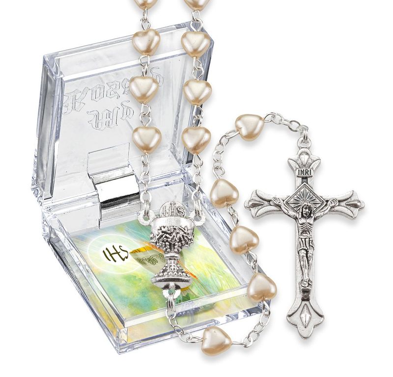First Communion Rosary 5mm Cream Pearlized Heart Shaped Glass Bead 266-142BX