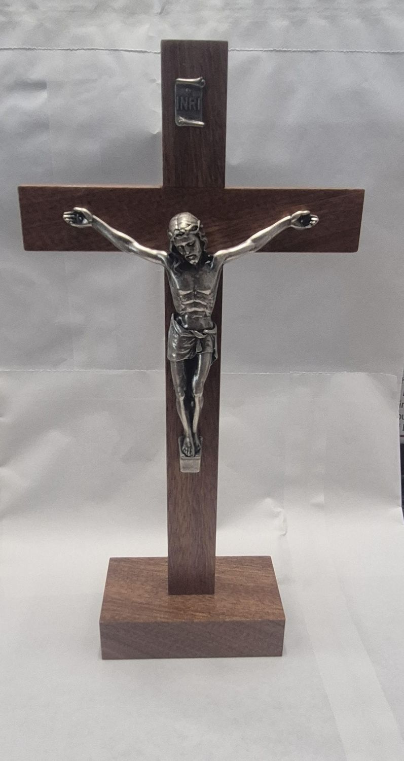 8" Standing Wood Crucifix with Silver Corpus made in Italy 46-966