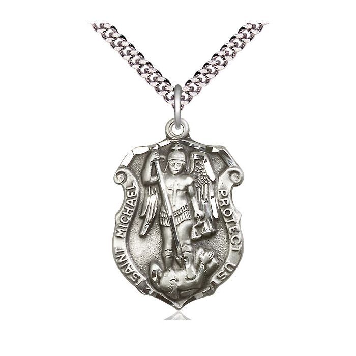 St. Michael Shield Sterling Siver Medal w/24" Rhodium Chain Endless 5448/24S C54End