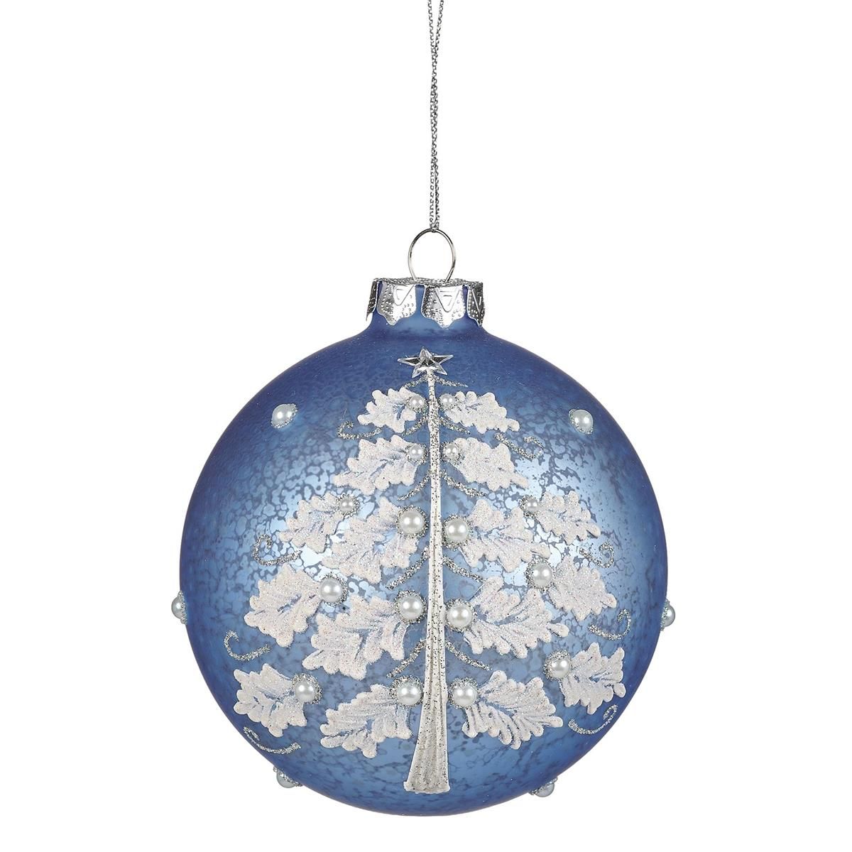        Blue Glass Ornament with Trees and Pearls 139445
