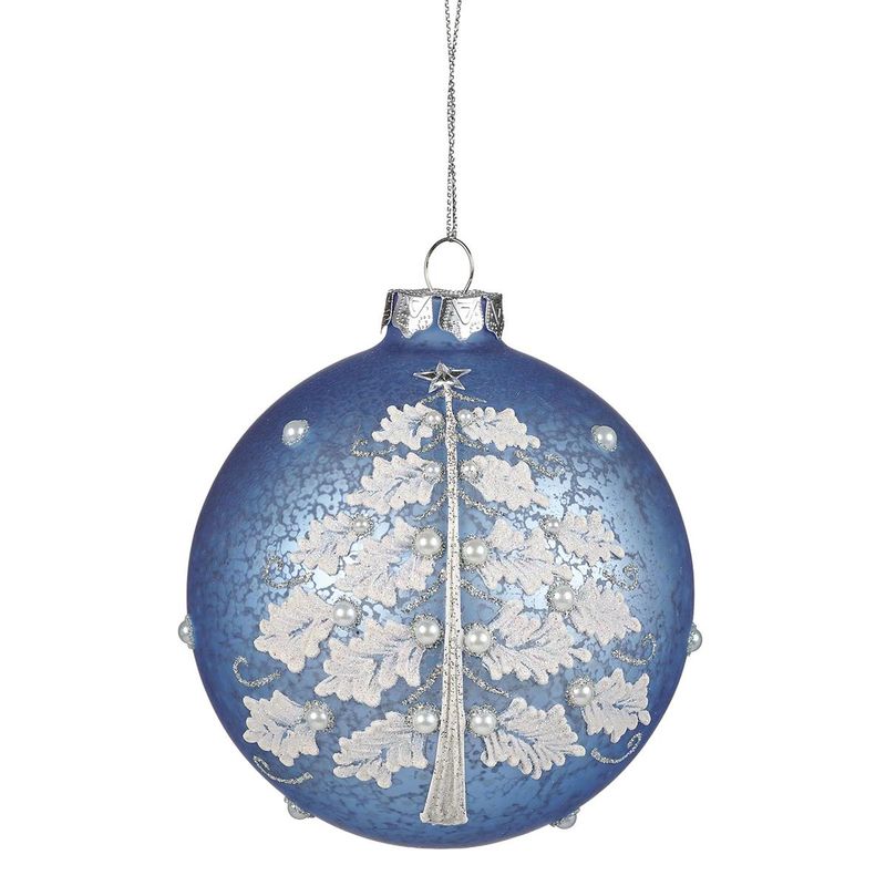        Blue Glass Ornament with Trees and Pearls 139445