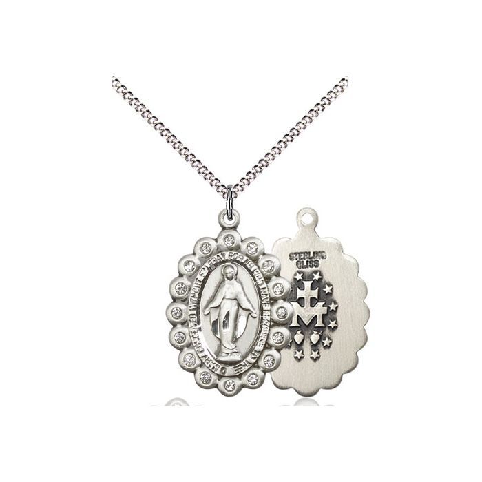        Miraculous Chrystal Sterling Silver Medal w/18" Rhodium Chain w/Clasp 2009CSS/18S