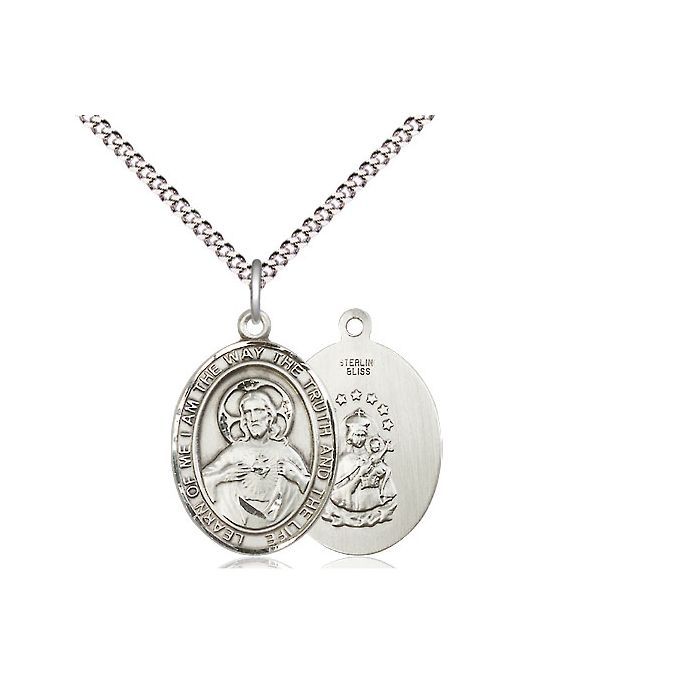        Scapular Oval Sterling Silver Medal Engraved w/18" Rhodium Chain w/Clasp 8098SS/18S C50LC