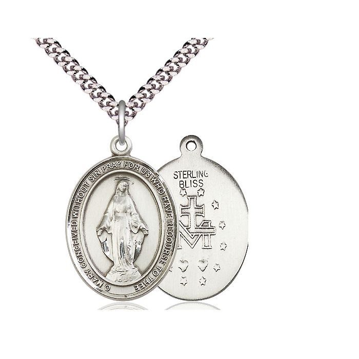       Miraculous Oval Sterling Silver Medal w/24" Rhodium Chain w/Clasp 7078SS/24S C54LC