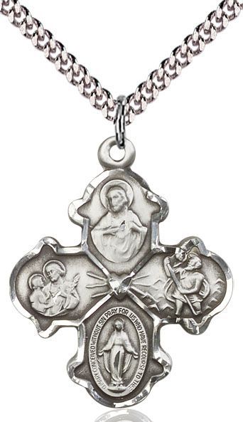        4 Way Sterling Silver Medal w/24" Rhodium Chain w/Clasp 5442SS/24S C54LC