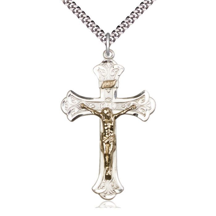        Crucifix Sterling Silver Cross/Gold Filled Corpus w/24" Rhodium Chain w/Clasp 2642GF/SS/24S C54LC