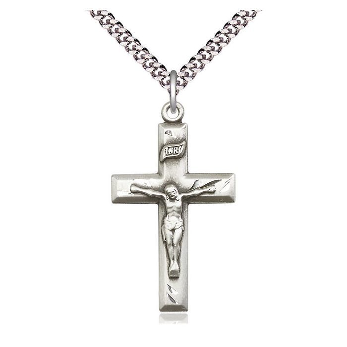        Crucifix Sterling Silver Engraved w/24" Rhodium Chain w/Clasp 2186SS/24S C54LC