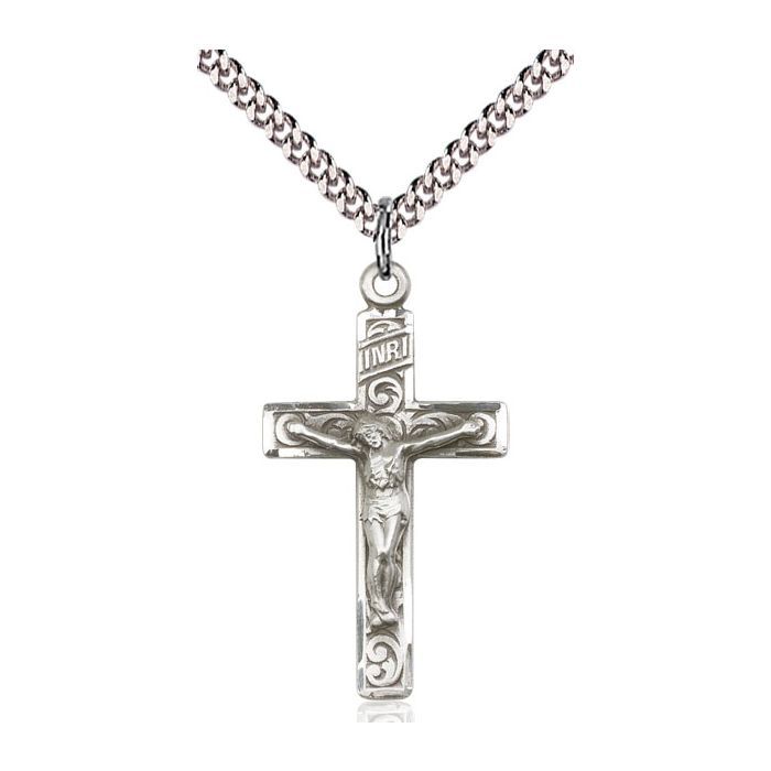        Crucifix Sterling Silver Engraved w/24" Rhodium Chain w/Clasp 0652SS/24S C54LC