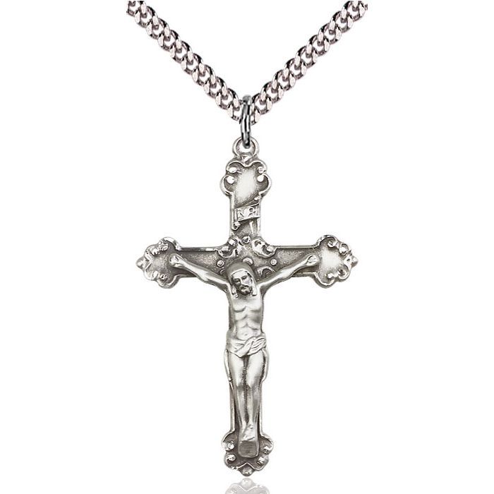       Crucifix Sterling Silver Engraved w/24" Rhodium Chain w/Clasp 0656SS/24S C54LC