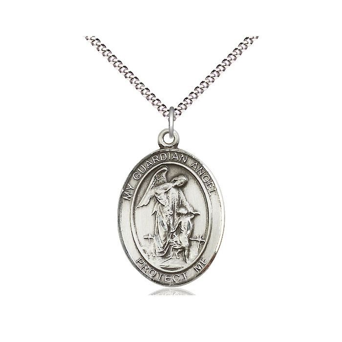        Guardian Angel Stainless Steel Oval Medal w/ 18" Rhodium Chain - 8118SS/18S C50-LC