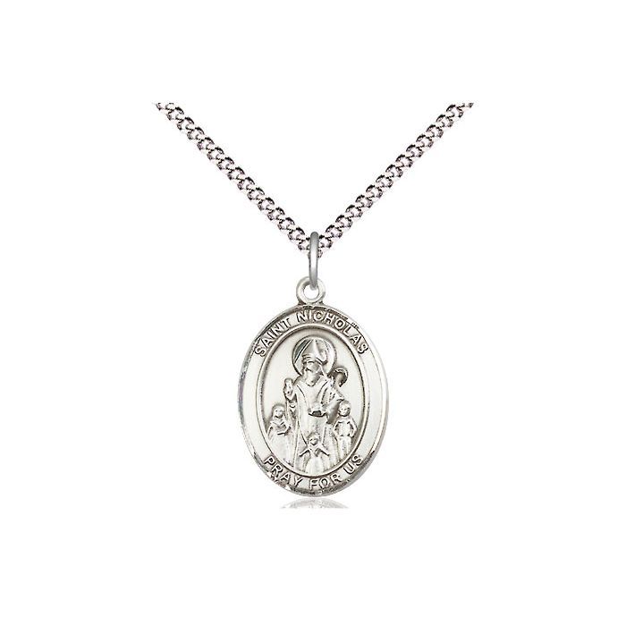       St. Nicholas Sterling Silver Oval Medal w/ 18" Rhodium Chain w/ Clasp - 8080SS/18S C50-LC