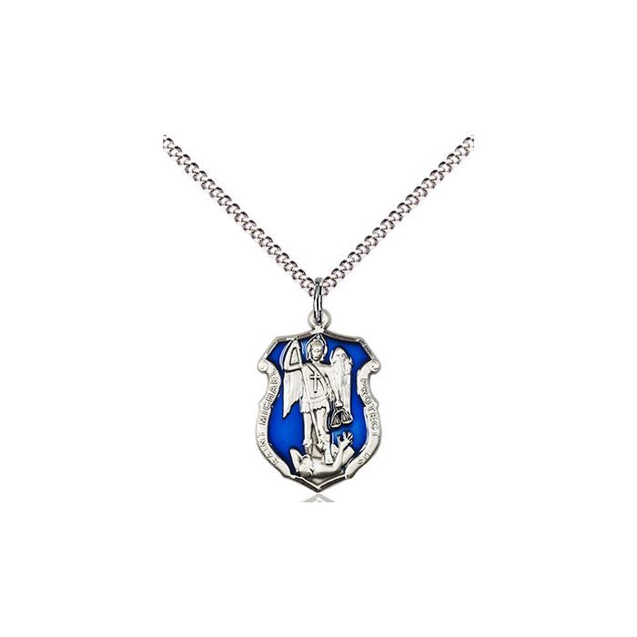       St. Michael Sterling Silver Shield w/ Blue Epoxy and 18" Rhodium Chain w/ clasp - 6276ESS/18S C50