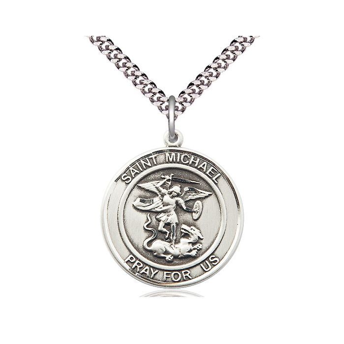       St. Michael Sterling Silver Round Medal w/ 24" Heavy Curb Rhodium Chain w/ Clasp - 7076RDSS/24S-LC C54-LC