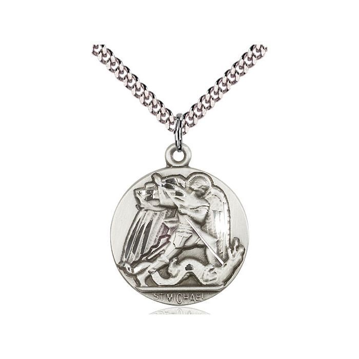       St. Michael Medal w/ 24" Heavy Curb Rhodium Chain w/ Clasp - 0840SS/24S-LC C50-LC