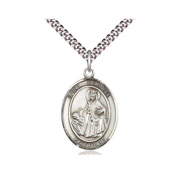       St. Dymphna Sterling Silver Oval Medal w/ Chain and Clasp - 7032SS-24S-LC C54-LC