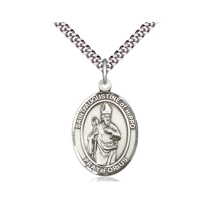       St. Agustine Hippo Sterling Silver Oval Medal w/ 24" Heavy Curb Rhodium Chain and Clasp - 7202SS/24S-LC C54-LC