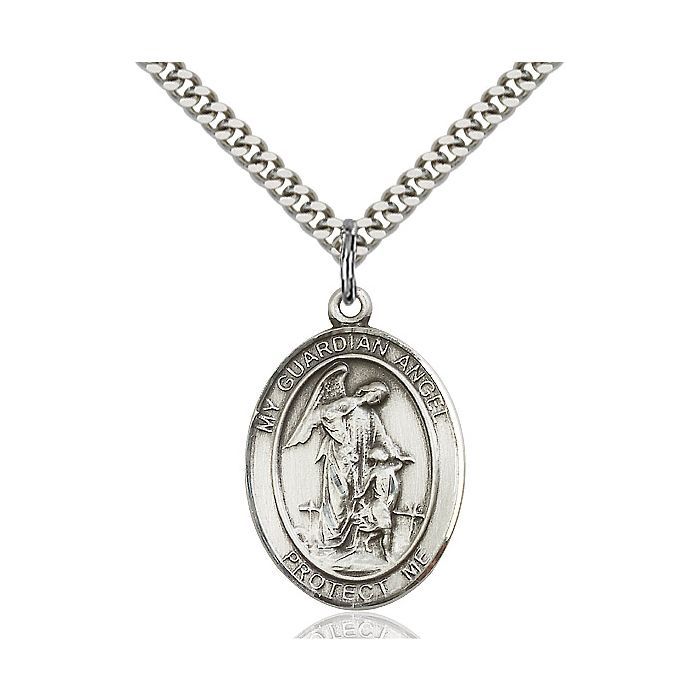       Guardian Angel w/ Child Sterling Silver Medal w/ Chain and Clasp - 7118SS/24S-LC C54-LC