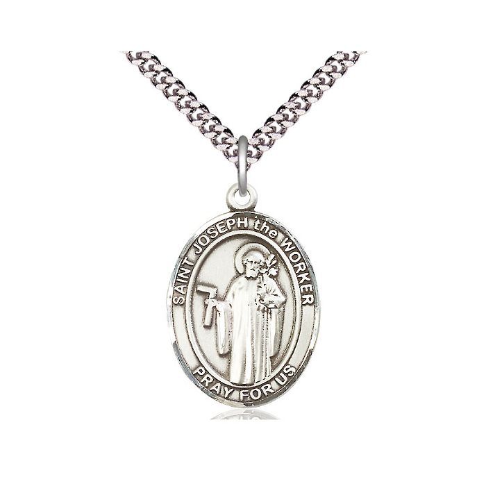       St. Joseph The Worker Sterling Silver Oval Medal w/ 24" Rhodium Chain and Clasp - 7220SS/24S-L C54-LC