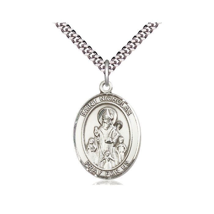       St. Nicholas Sterling Silver Oval Medal w/ 24" Rhodium Chain  w/ Clasp - 7080SS-24S-LC C50-LC
