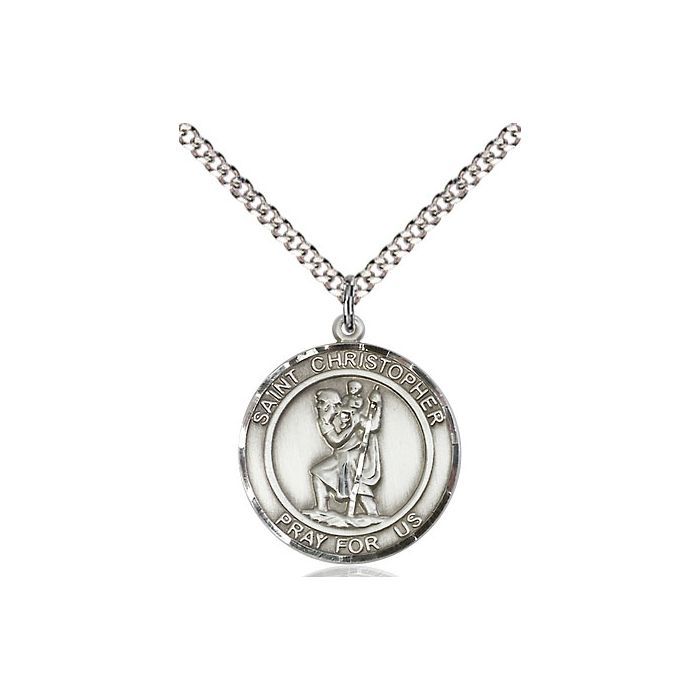       St. Christopher Sterling Silver Round Medal w/ 20" Rhodium Chain w/ Clasp - 8022RDSS/20S C52-LC