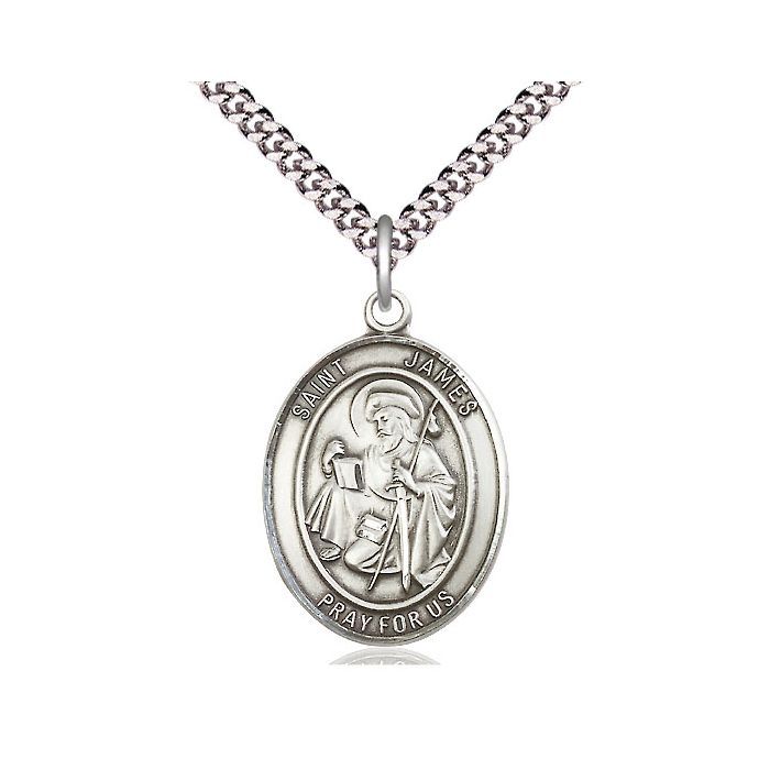       St. James the Great Sterling Silver Medal w/ 24" Heavy Curb Rhodium Chain and Clasp - 7050SS/24S-LC C54-LC